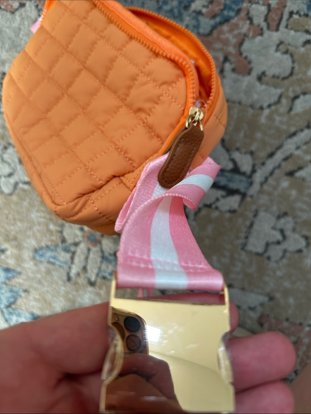 Kirklands Orange Quilted Crossbody Bag with Pink & White Strap - Picture 5 of 5